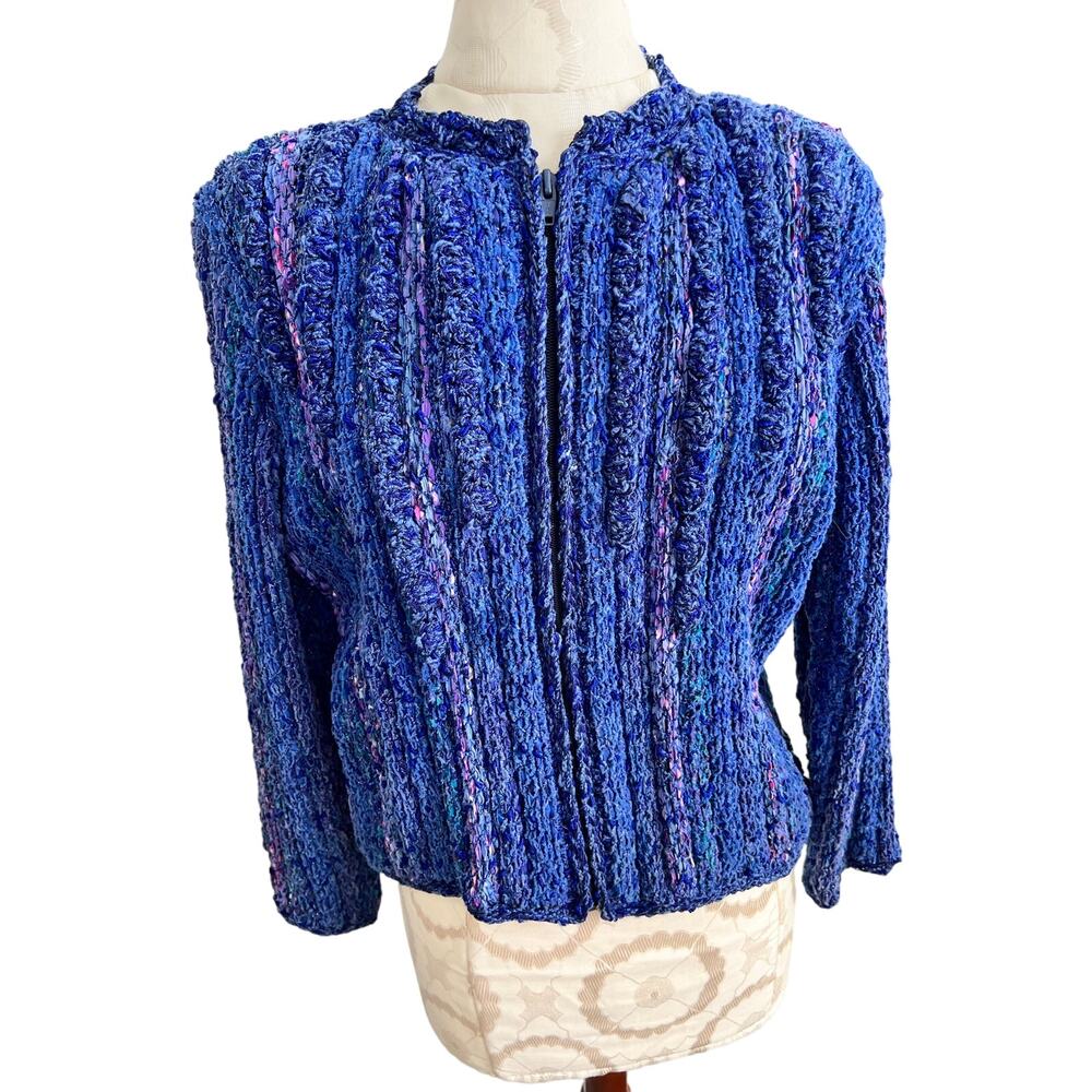 Estelle Vintage Art-to-Wear Zip Up Royal Blue Hand Woven Cardigan
